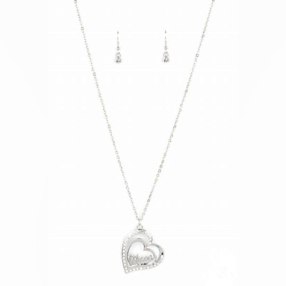 Long silver “Mom” heart pendant necklace*